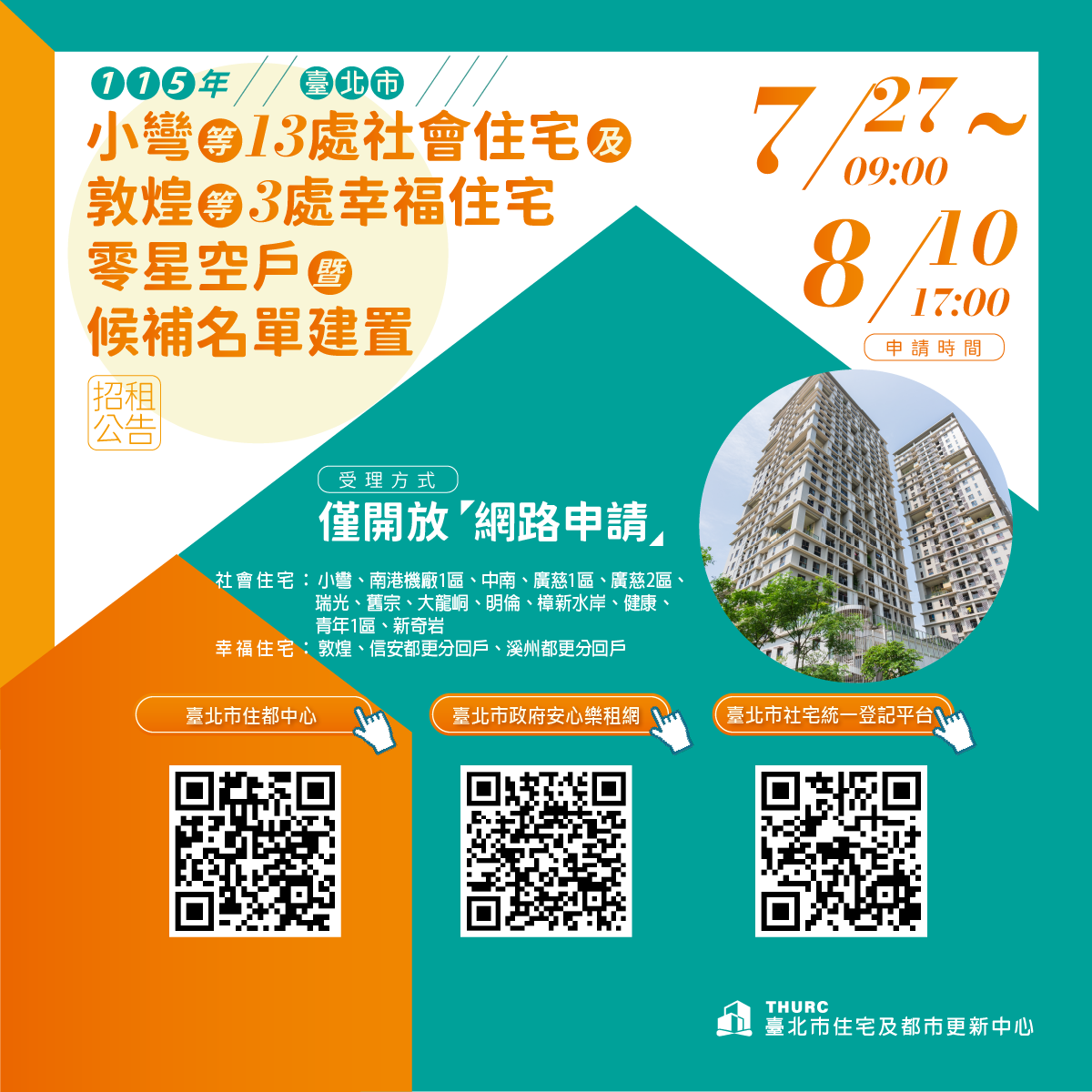 小彎等13處社會住宅及敦煌等3處幸福住宅零星空戶暨候補名單建置招租公告